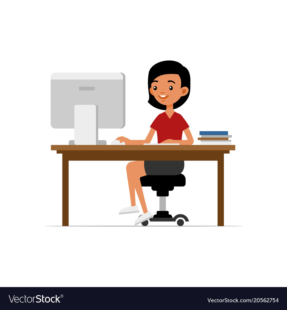 Cute young girl sitting at desk and working on Vector Image