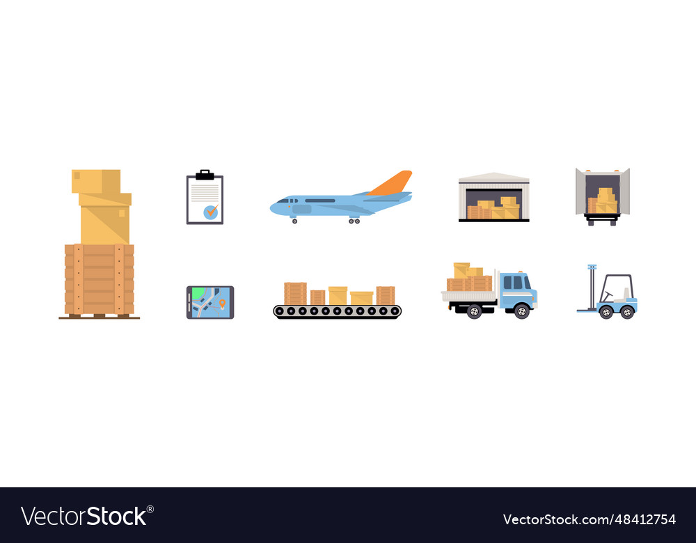 Warehouse with crate truck plane and forklift