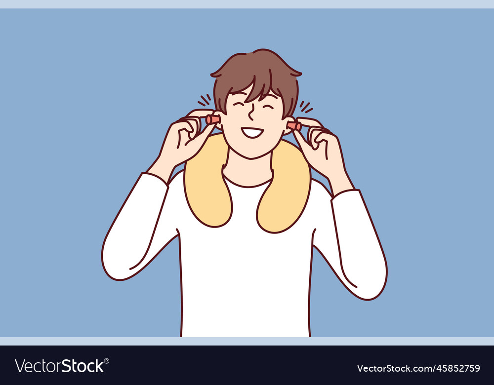 Happy man uses earplugs and neck pillow to rest Vector Image