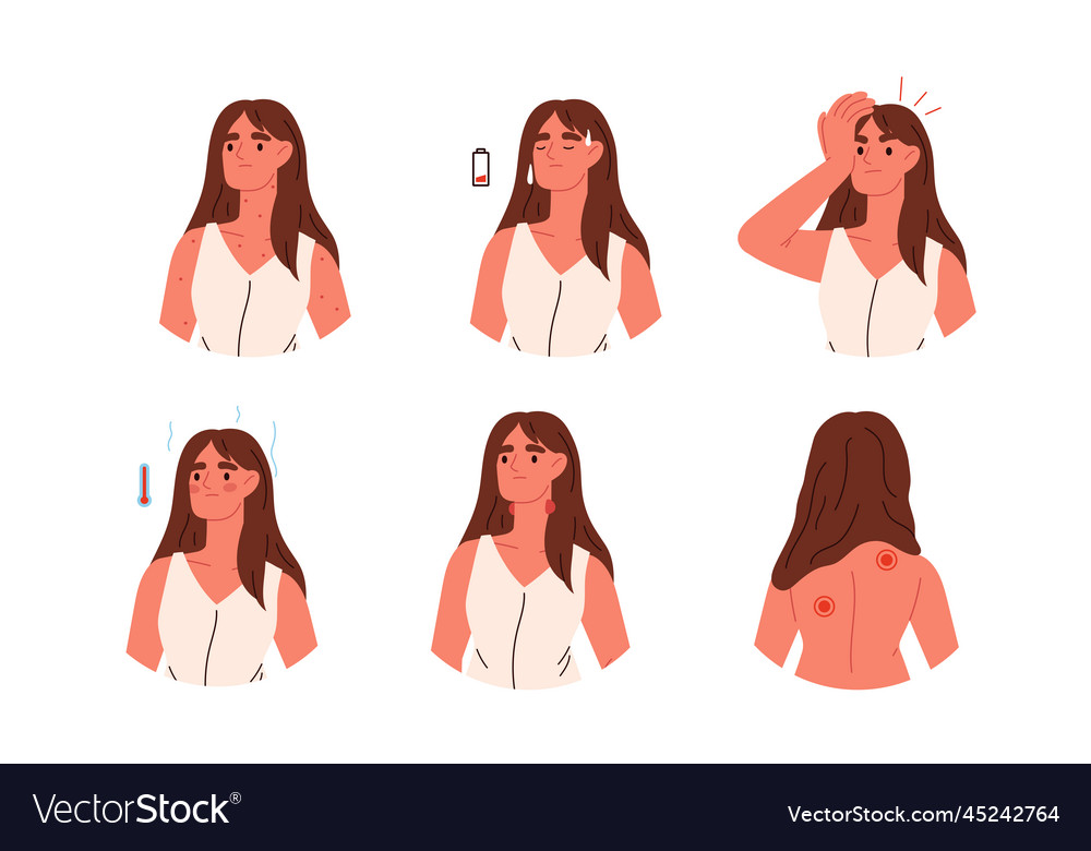 Disease symptoms woman with headache rash joint Vector Image