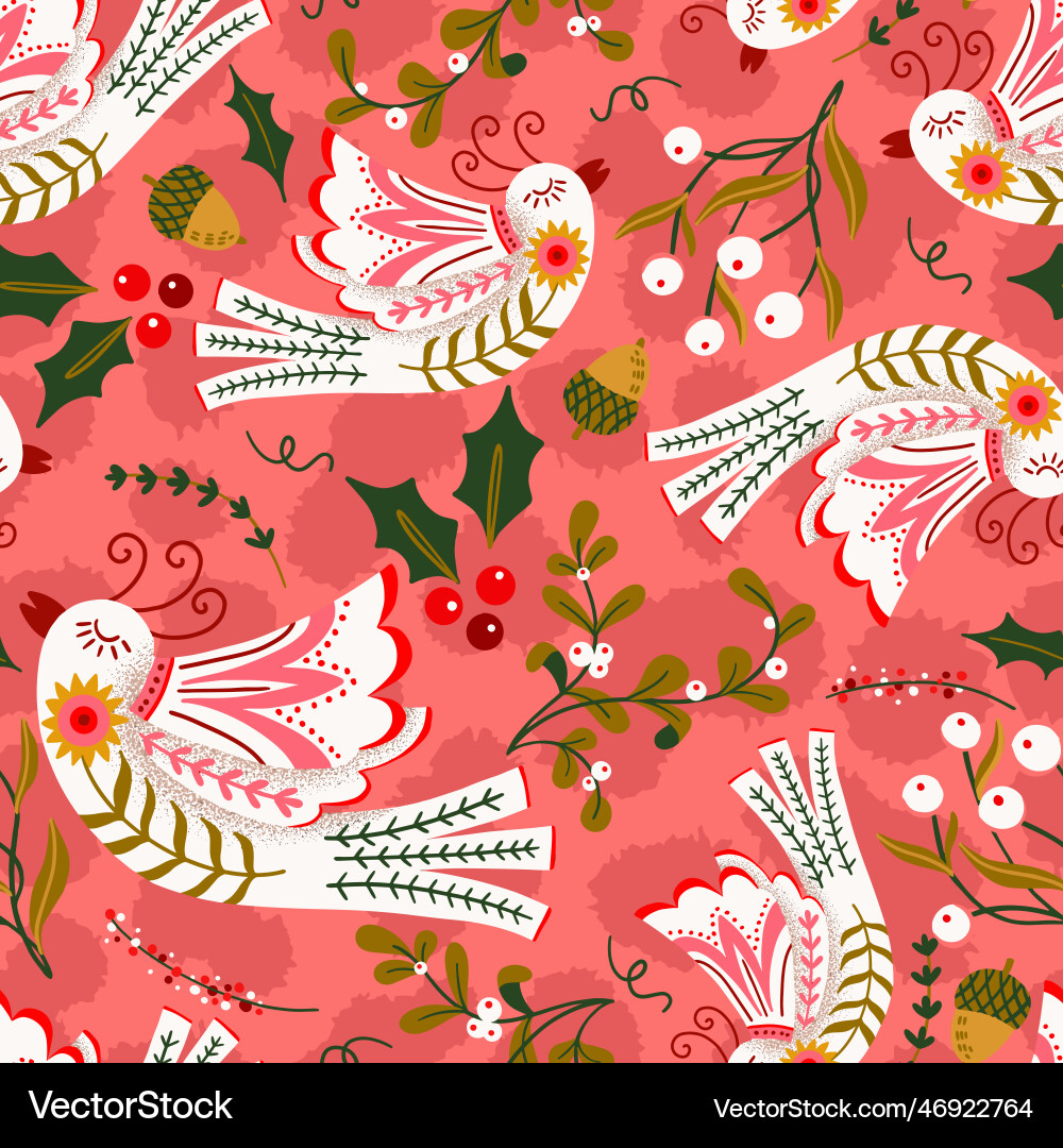 Folk art free birds botanicals seamless pattern Vector Image