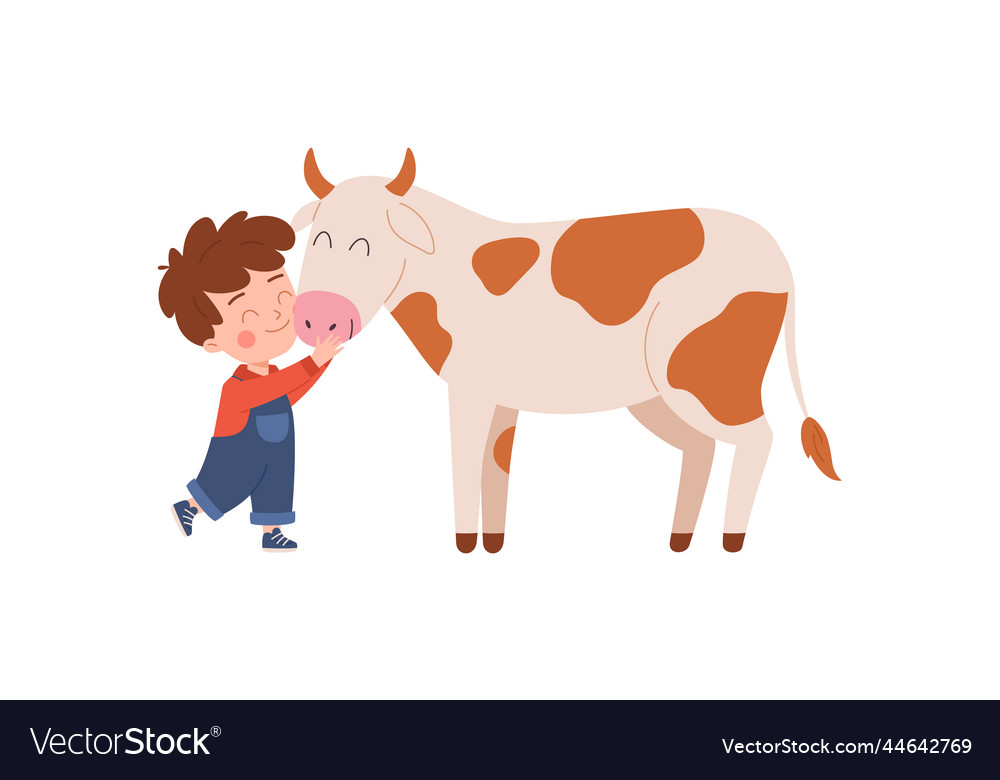 Cute little boy hugging cow cartoon flat Vector Image