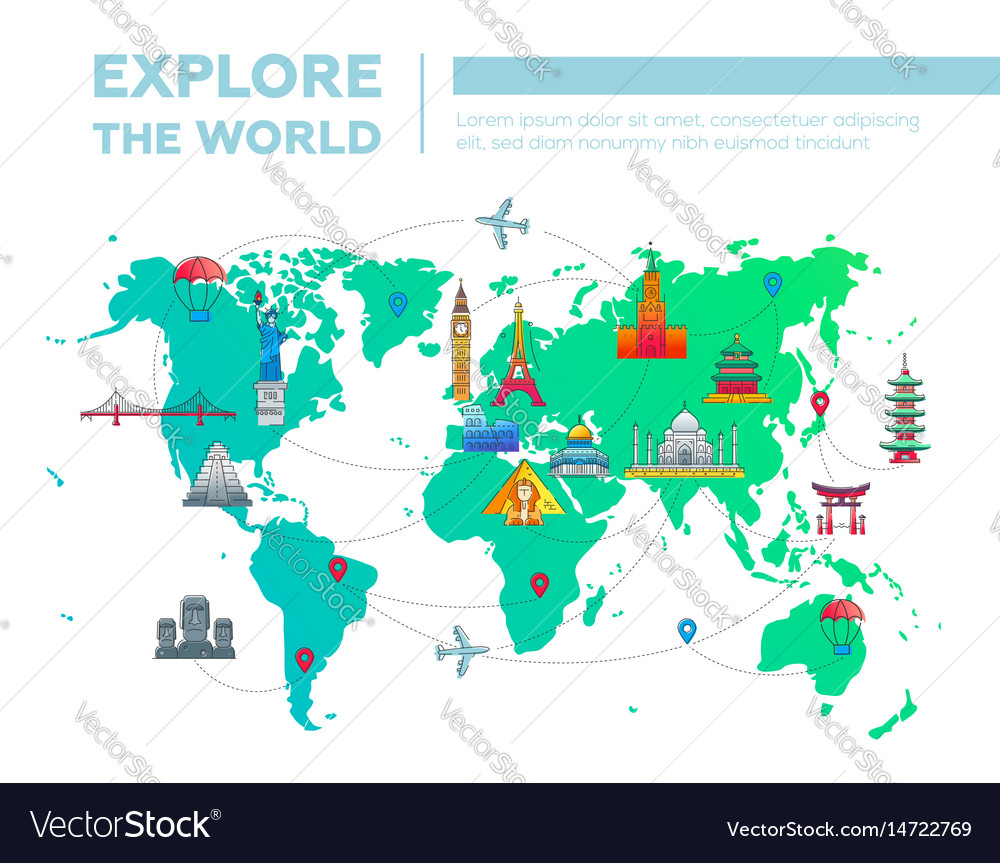 Explore the world map with famous landmarks Vector Image