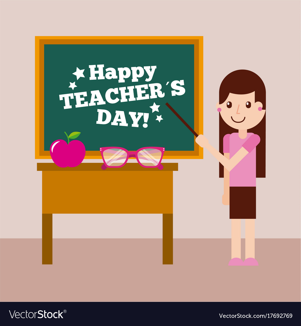 Happy teacher day card girl chalkboard and desk