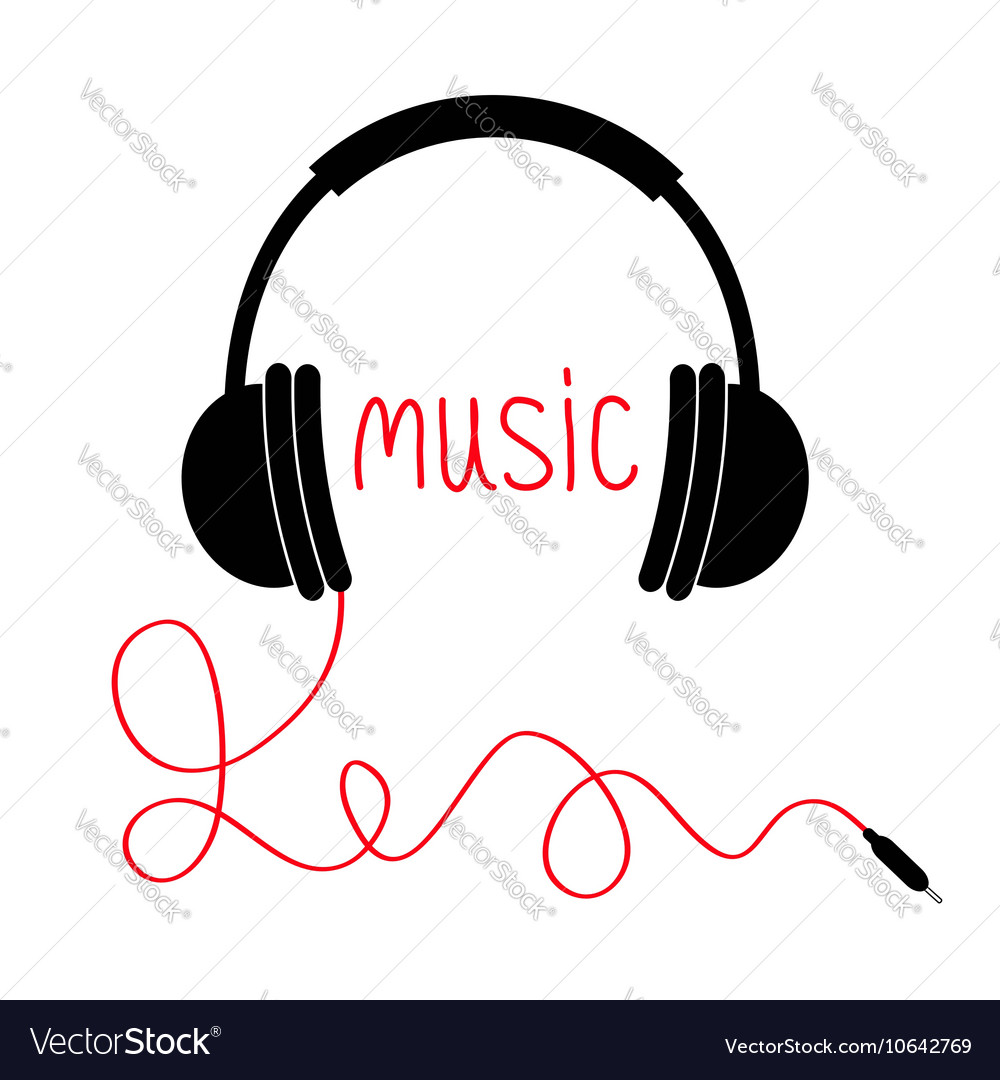 headphones with red cord and word music card flat vector image word music