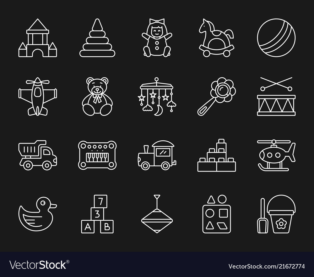 Baby Spielzeug einfache weiße Linie Icons Set