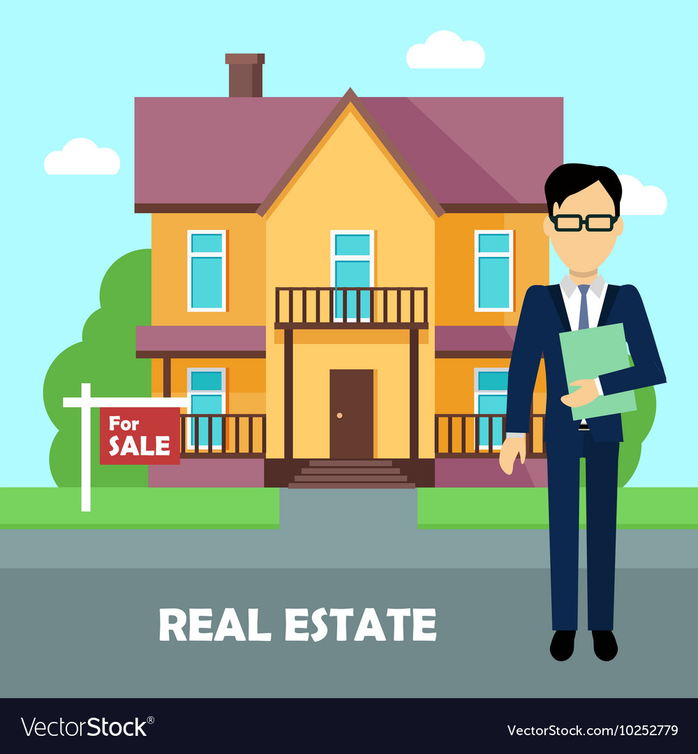 Real estate broker at work Building for sale Vector Image