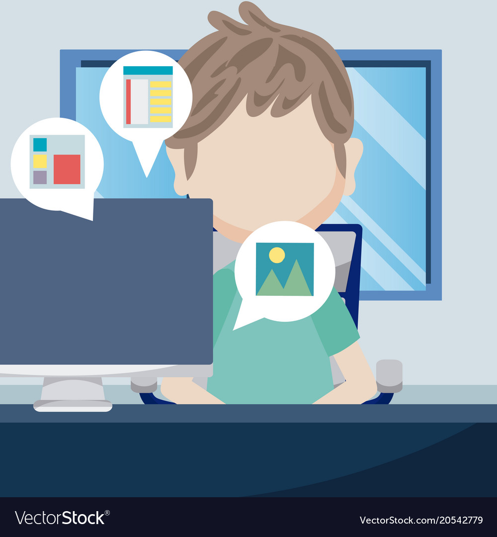Young man using computer Royalty Free Vector Image