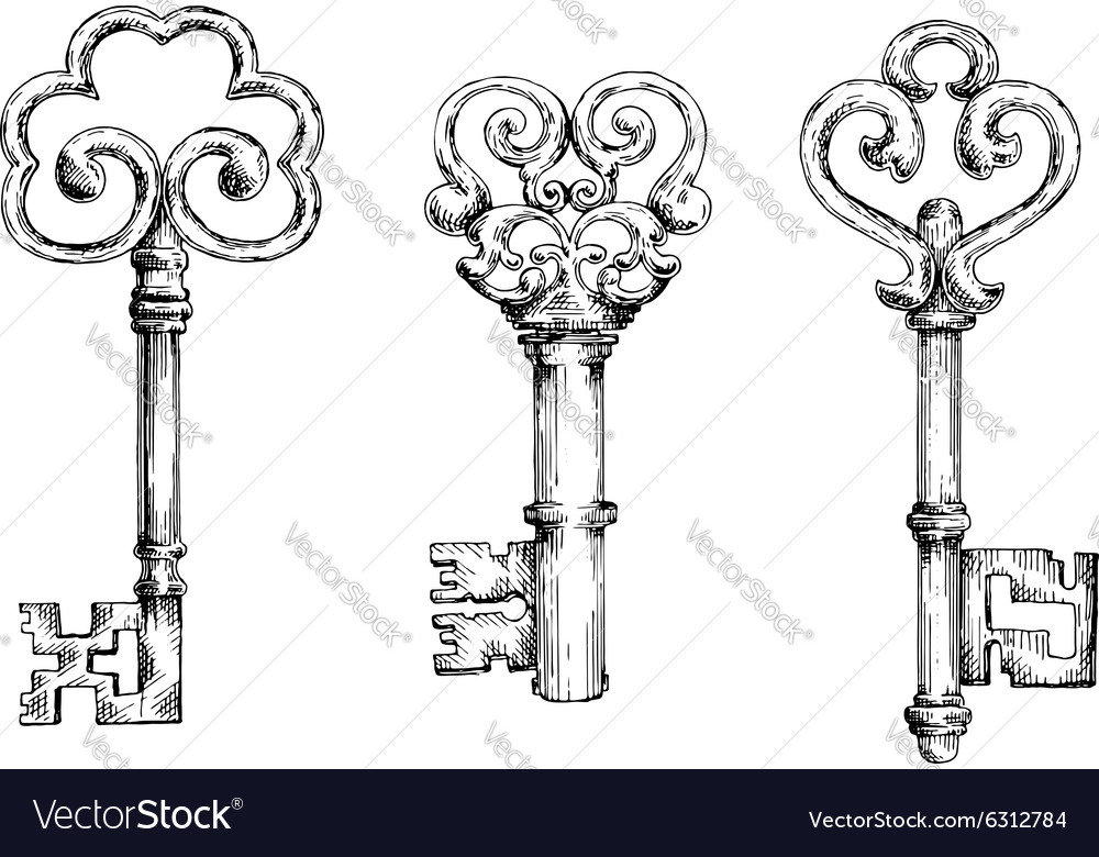 Sketch Vintage Keys With Curly Elements Royalty Free Vector