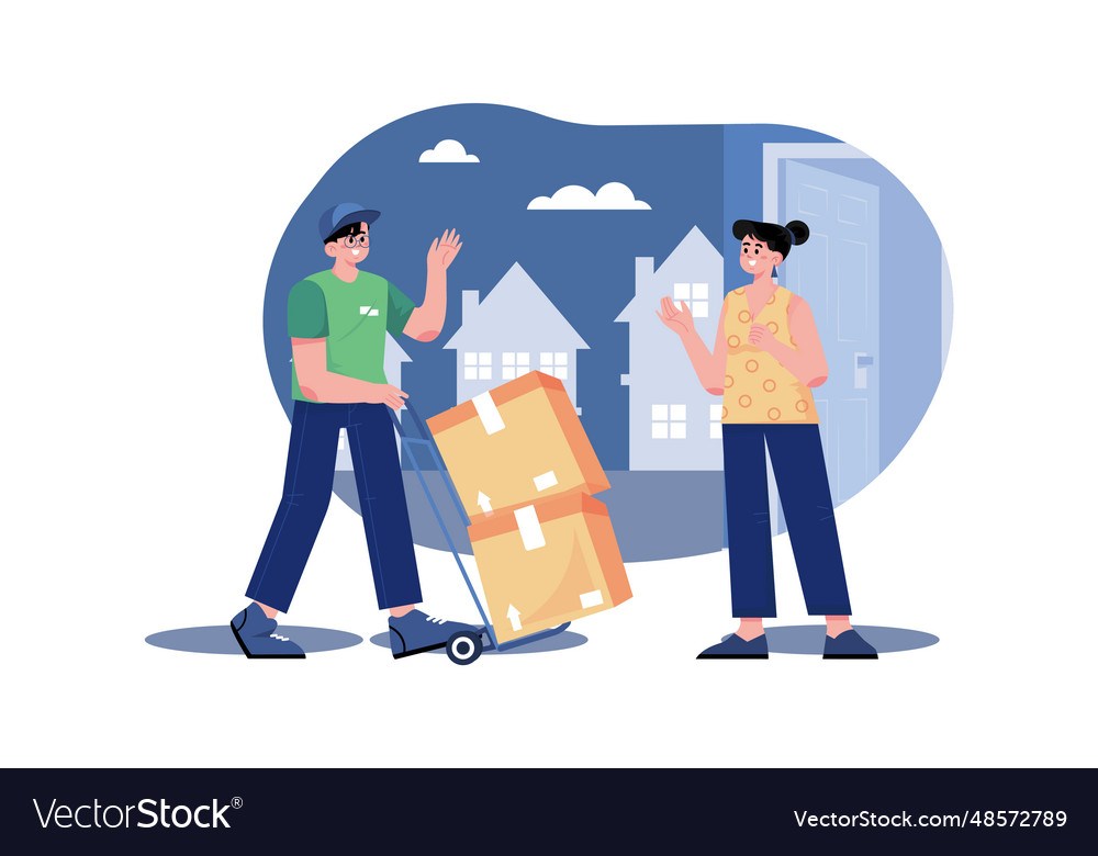 Delivery man pushes hand truck trolley full Vector Image