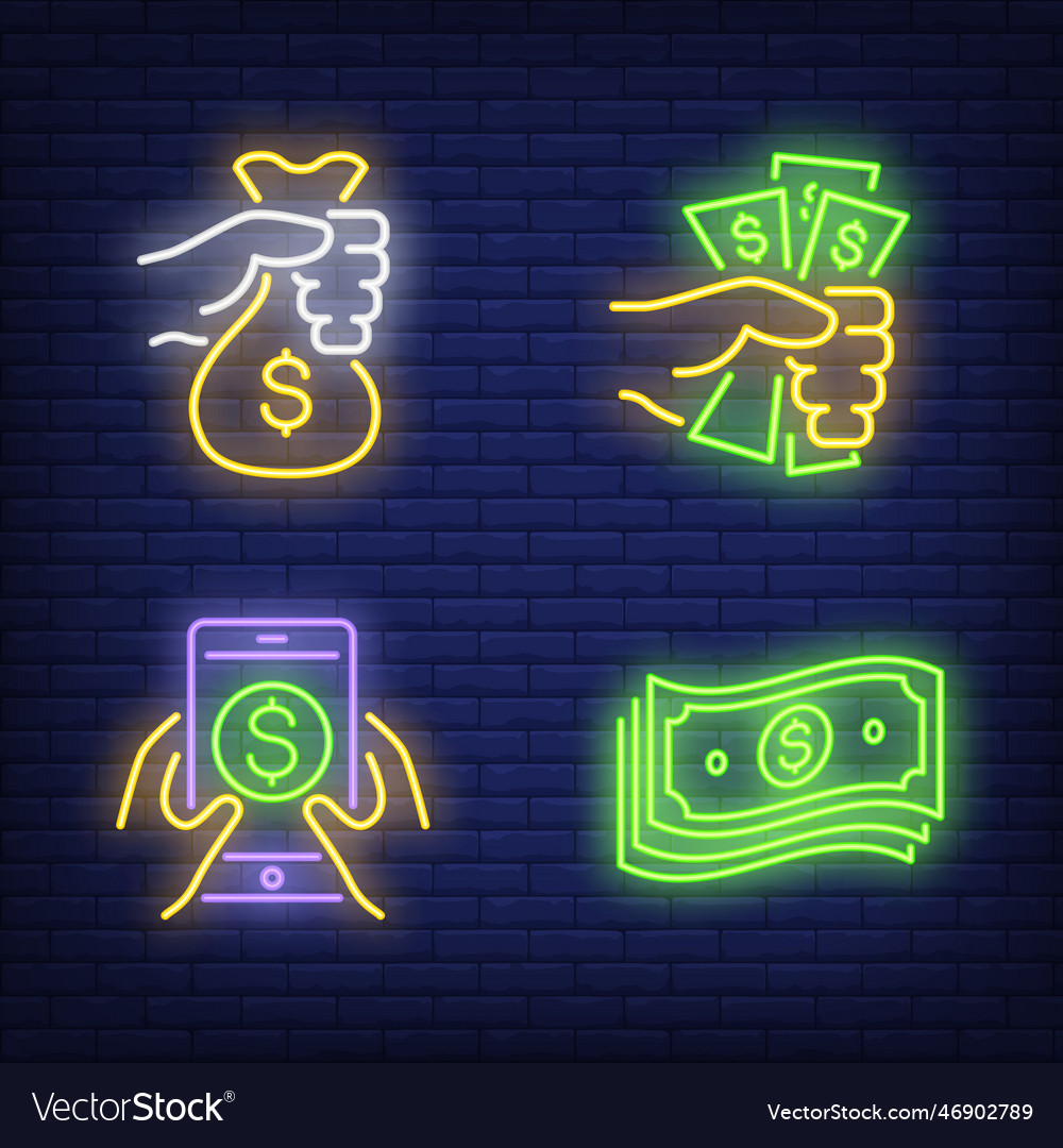 Hands holding dollar bills money bag and gadget Vector Image