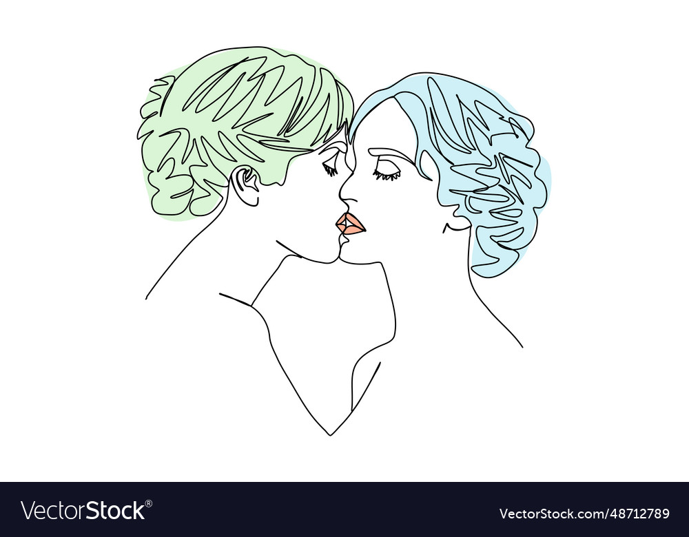 Two girls kiss one line drawing colored Royalty Free Vector