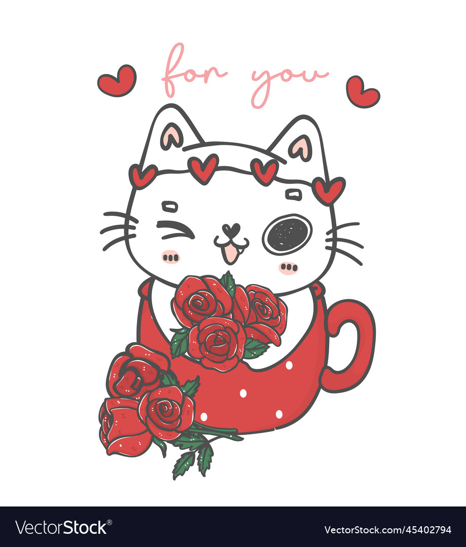 Cute kawaii white cat give boquet roses flowers Vector Image