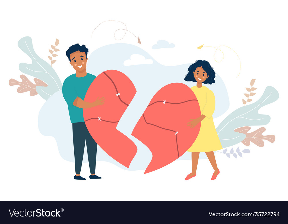 Ethnic couple holding broken halves heart