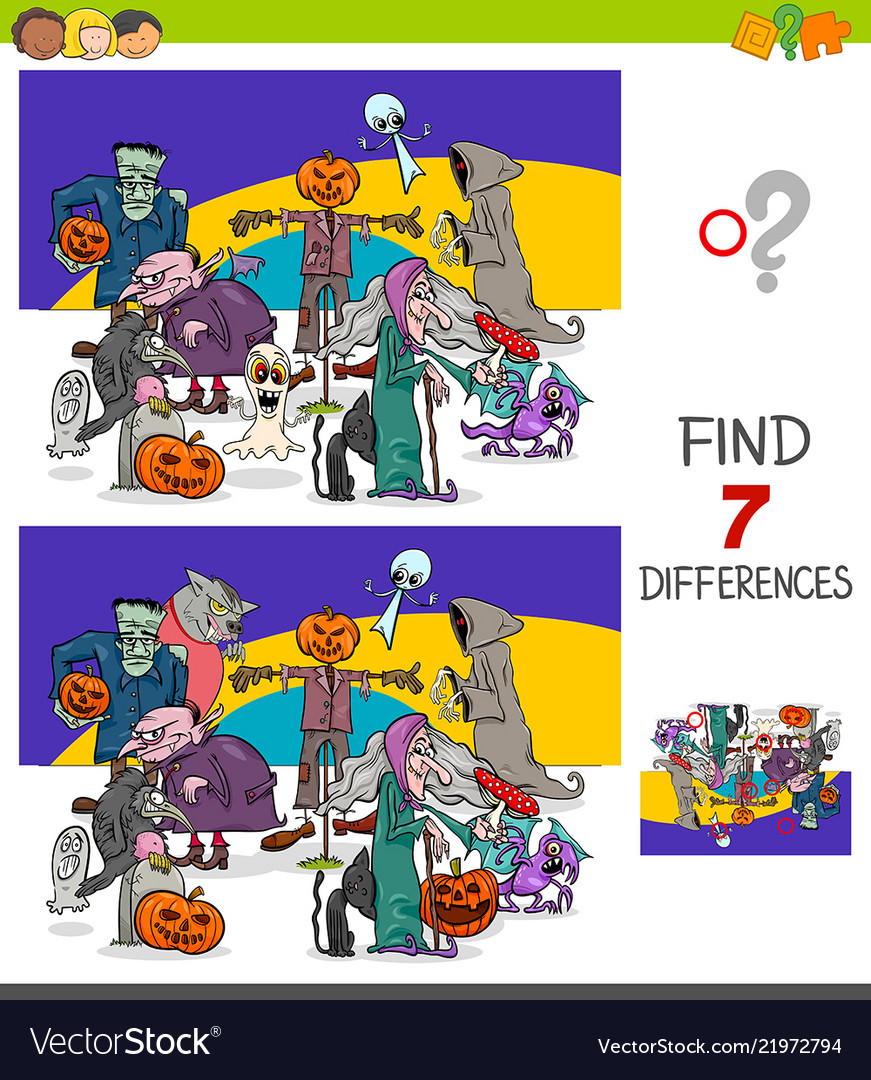 Find Differences Game With Halloween Characters Vector Image