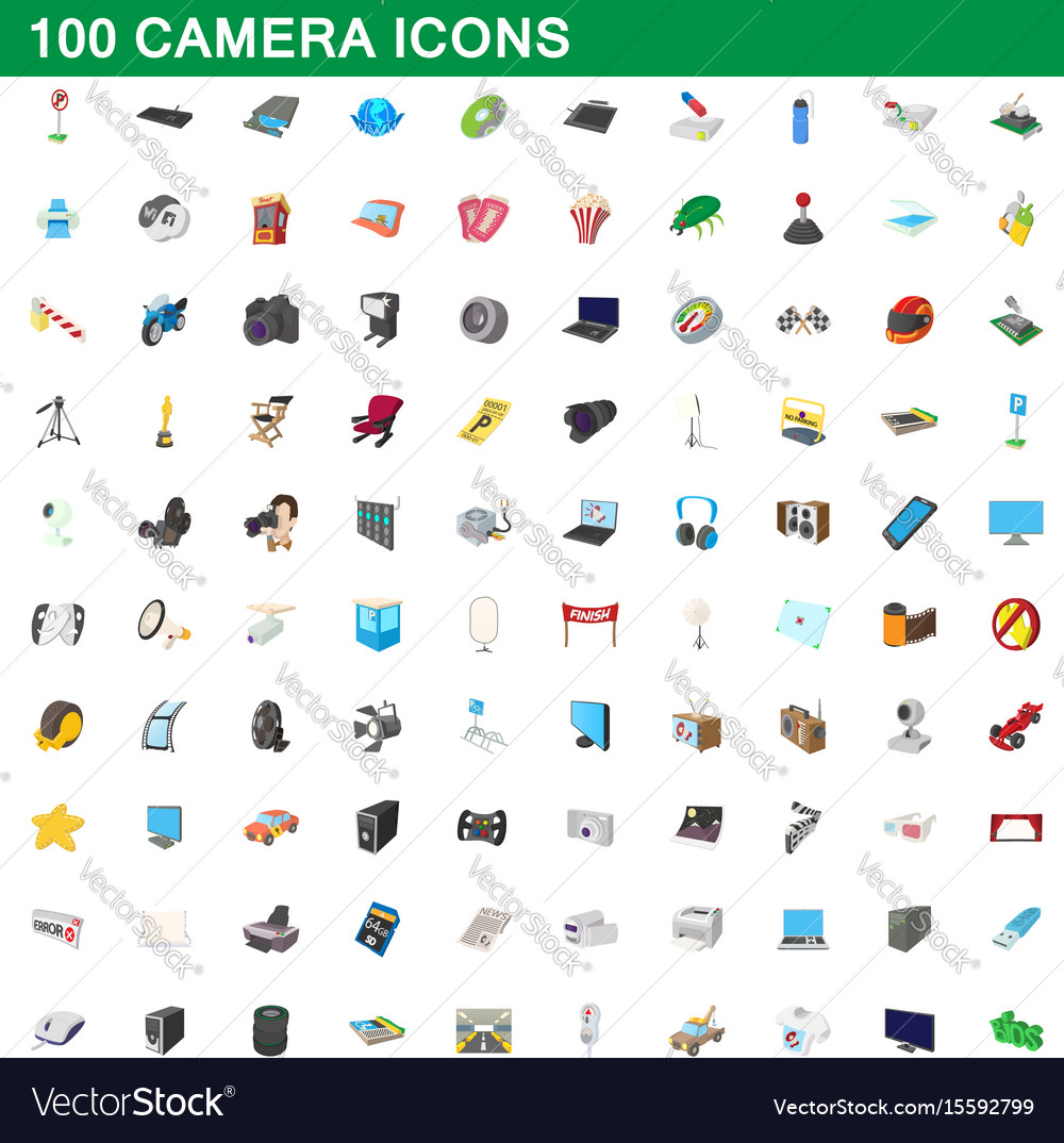 100 camera icons set cartoon style Royalty Free Vector Image