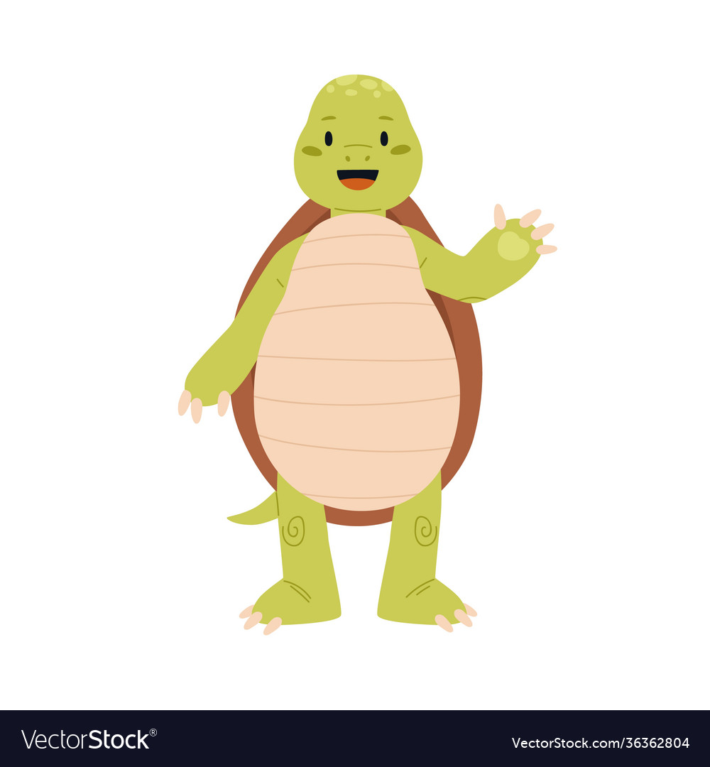 Cute and funny green turtle waving hand and saying