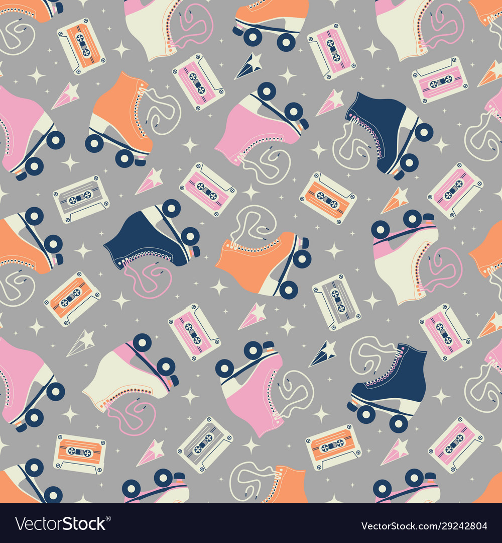 Seamless pattern with roller skates and cassettes vector image Seamless pattern with roller skates and cassettes