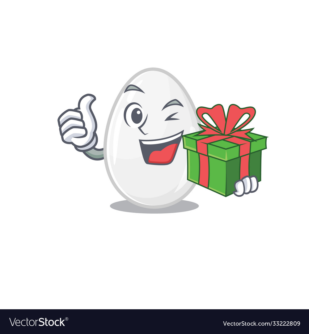 Happy white egg character having a gift box