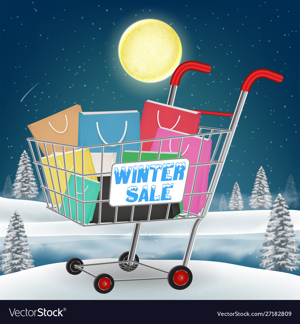 Winter sale shopping paper bag on cart