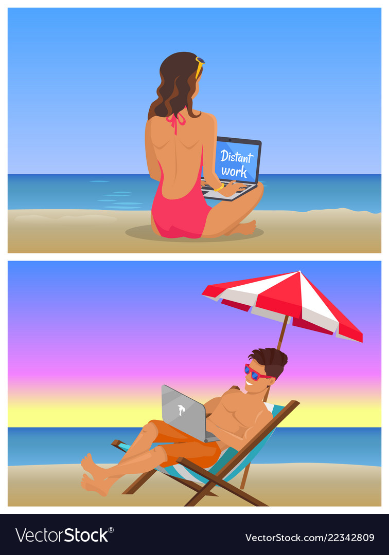 Young girl and guy at beach do distant work set