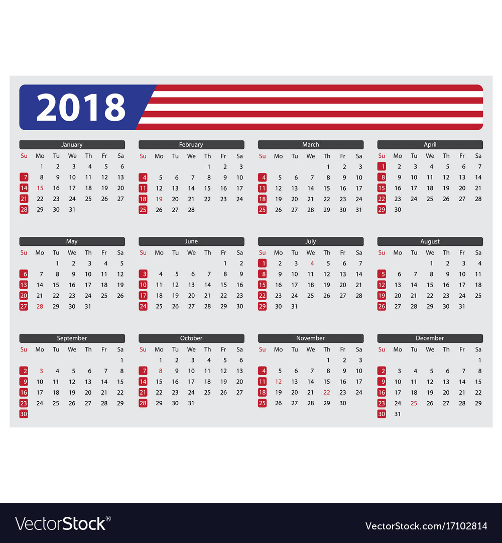 Usa Calendar 18 Official Holidays Royalty Free Vector