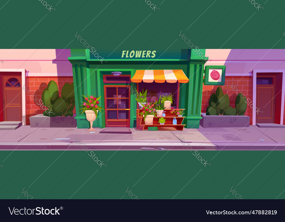 Cartoon flower shop facade in city street Vector Image