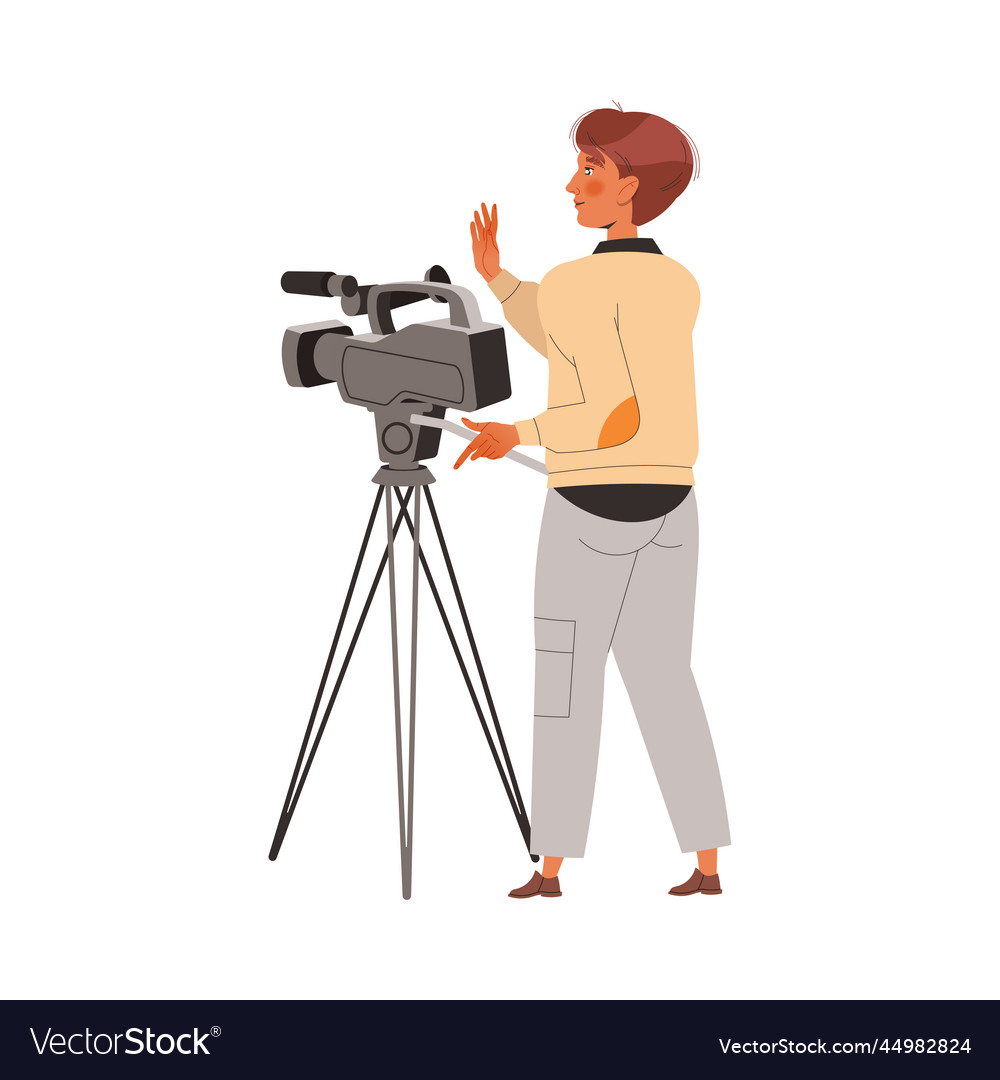 Cameraman standing with professional camera Vector Image