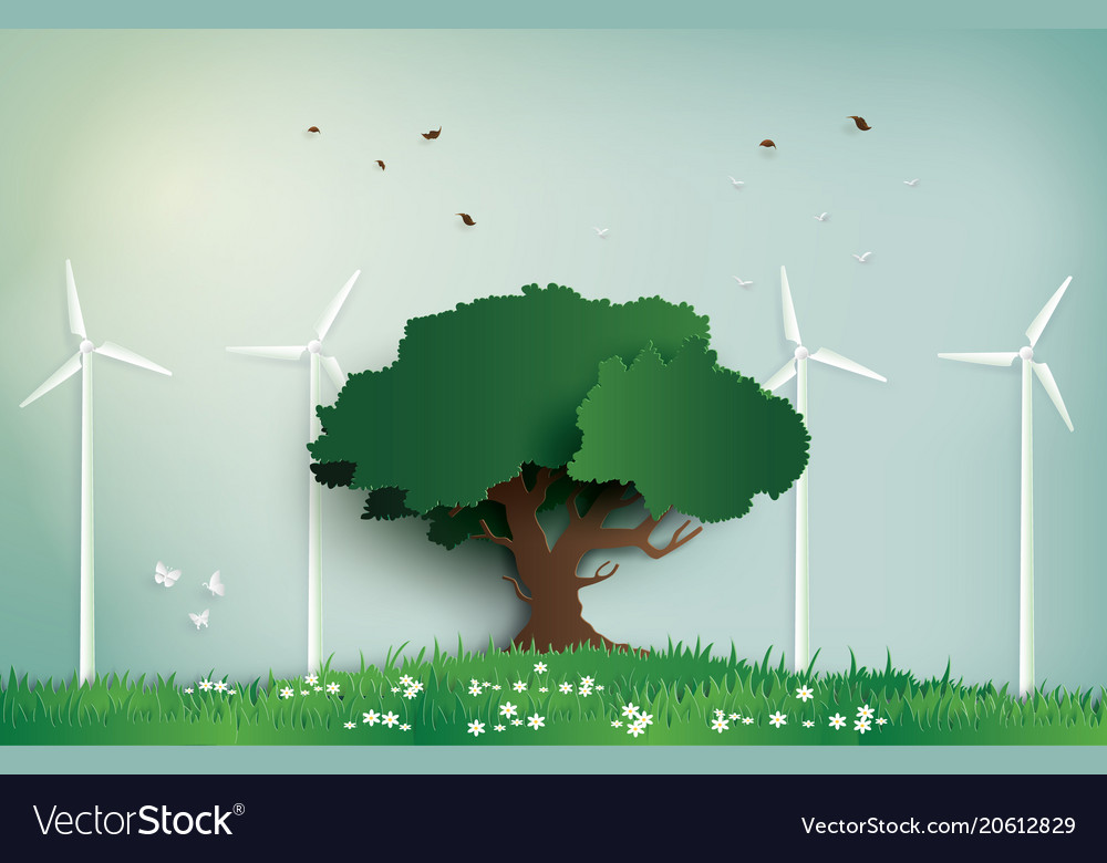 Alone tree on the field with wind mill