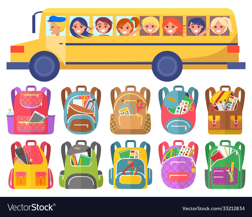 Children Ride On School Bus Bags With Stationery Vector Image