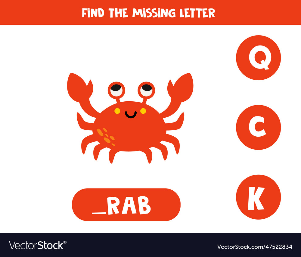 Find missing letter with cartoon crab spelling