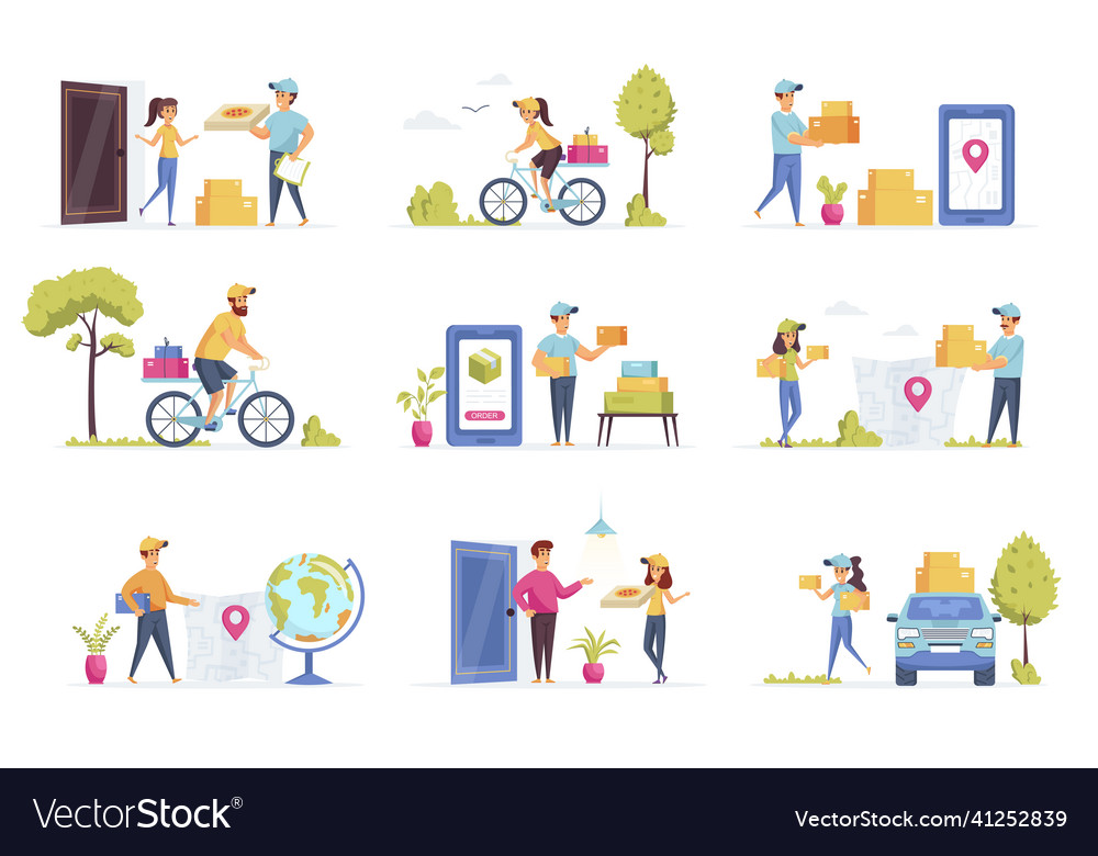 Delivery scenes bundle with people characters Vector Image