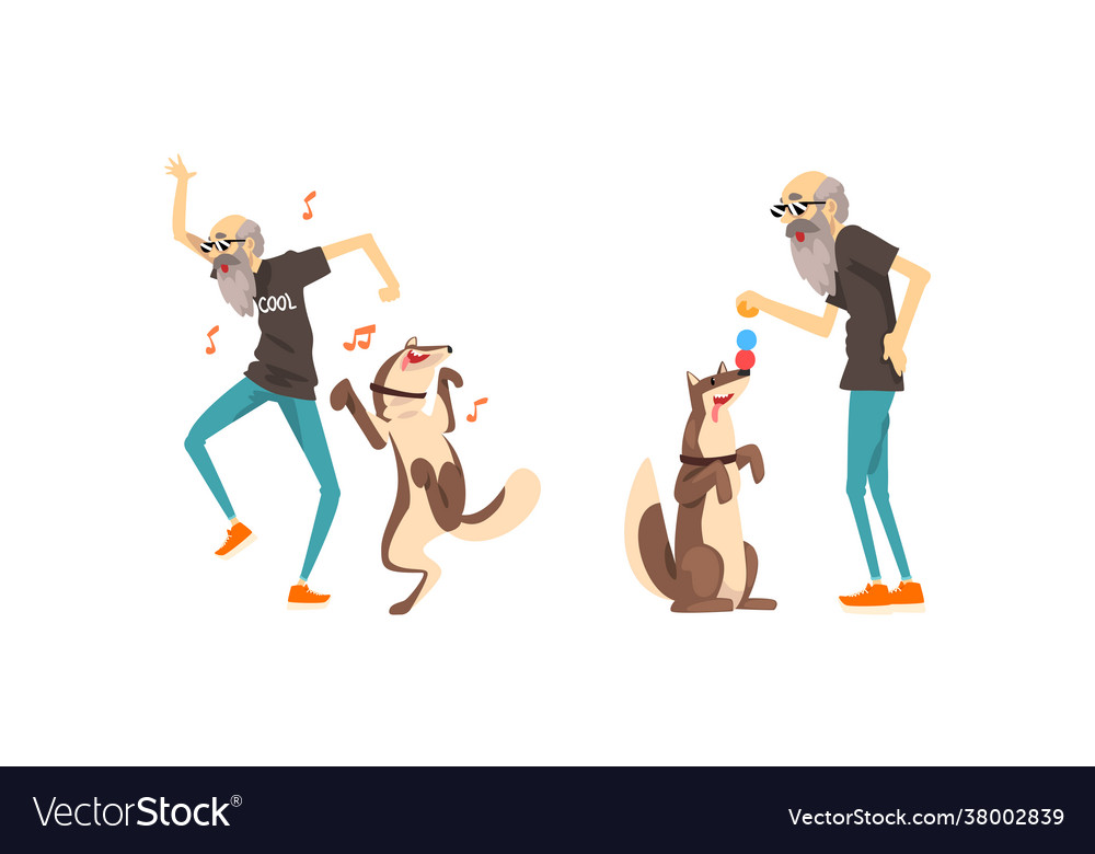 Old man playing and dancing with his dog set