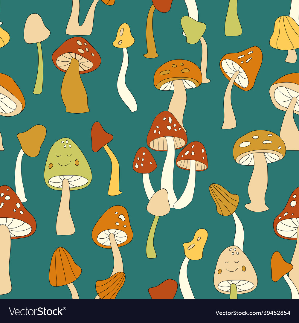 70s Retro Mushroom Seamless Pattern Groovy Vector Image 9022