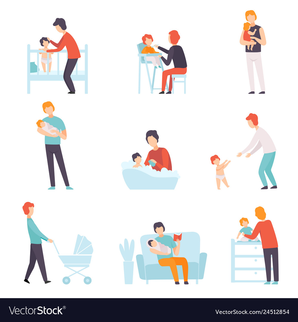 Fathers taking care of their babies set young Vector Image