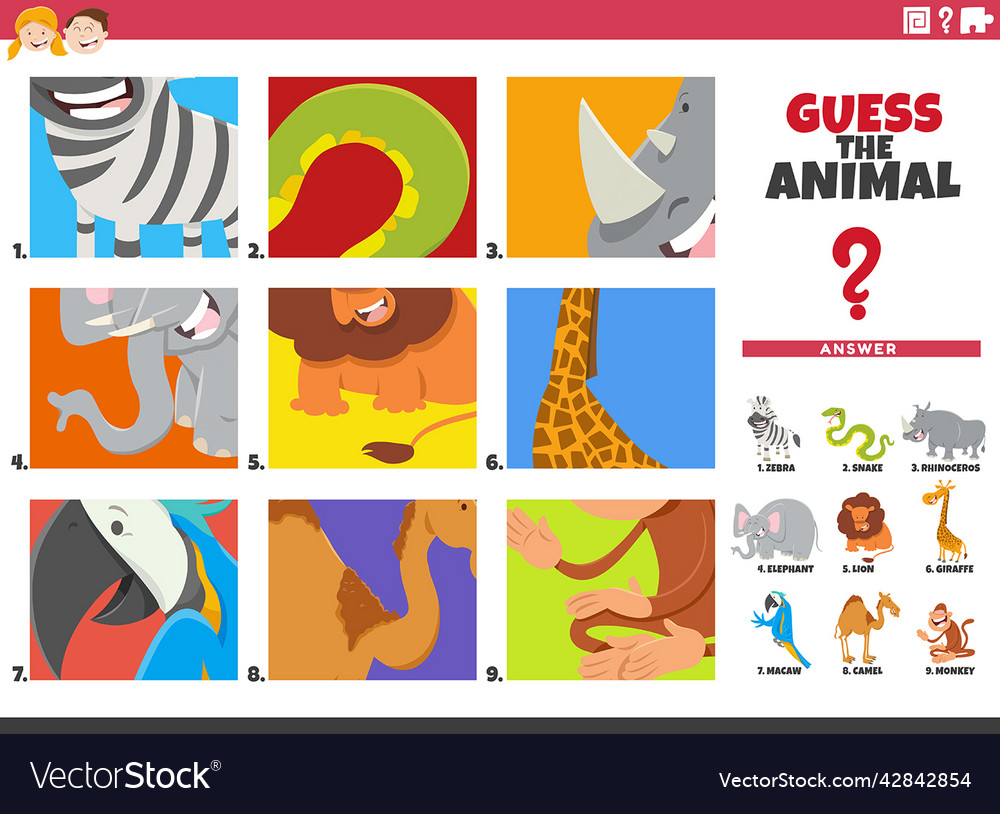 Guess cartoon animal characters educational game Vector Image