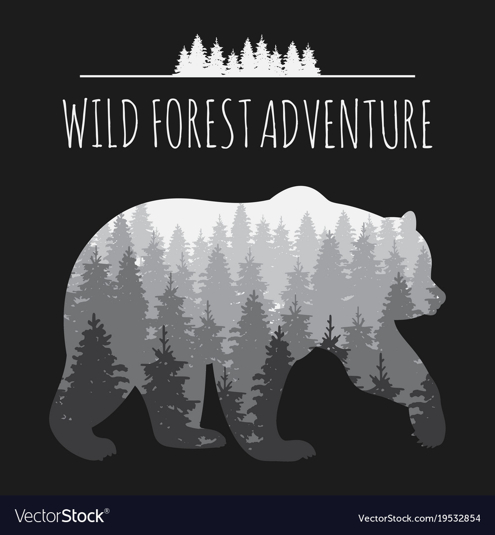Vintage Forest Panorama In Bear Silhouette Vector Image