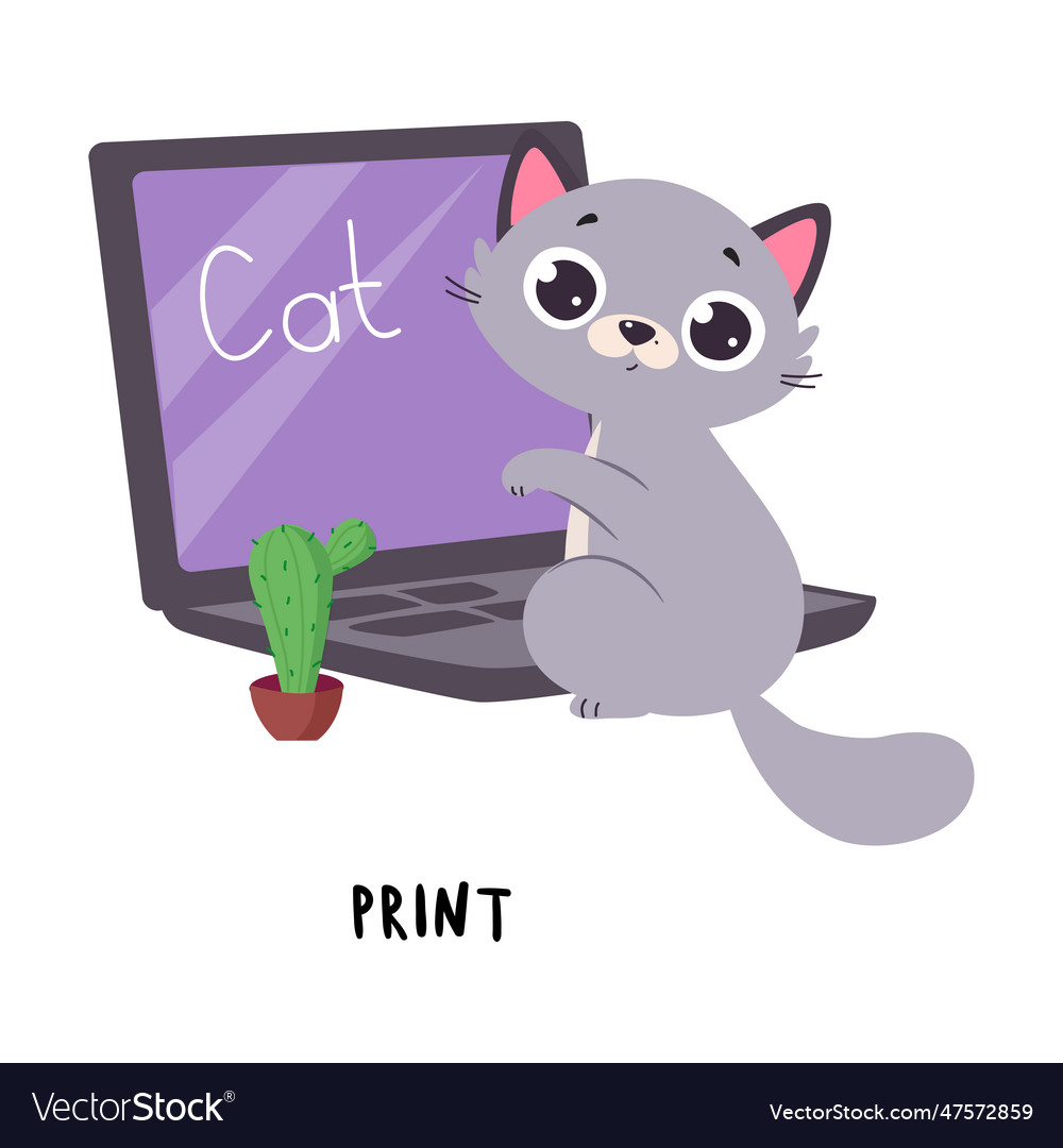 Funny grey cat print on laptop as english verb for
