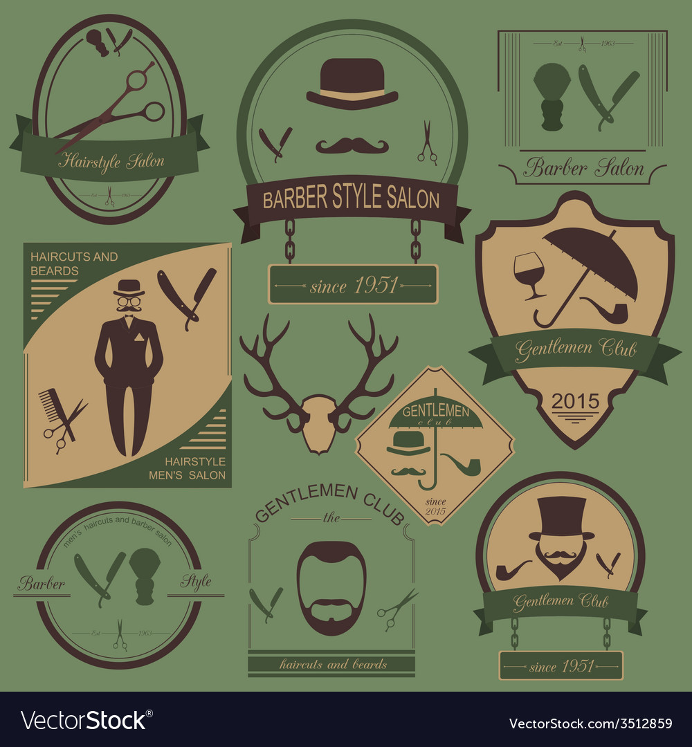Set Of Vintage Barber Hairstyle And Gentlemen Club