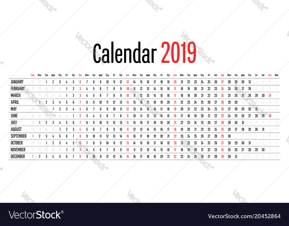 2019 calendar design horizontal dimension template horizontal calendar