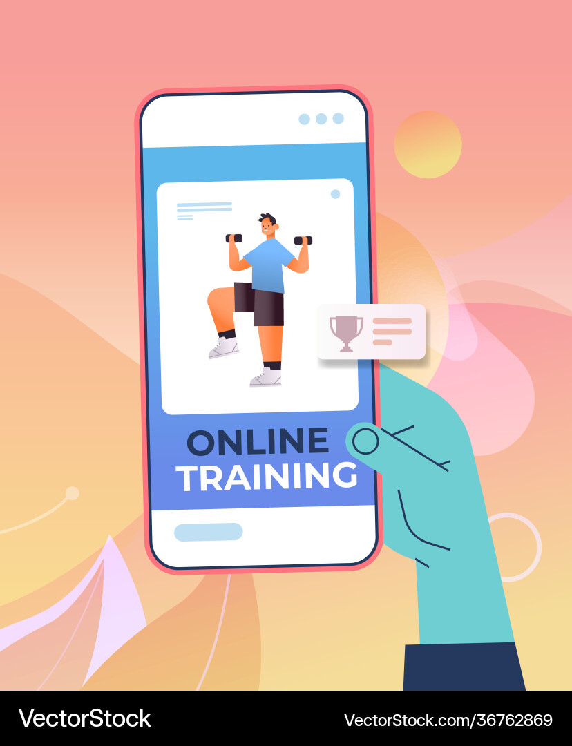 Hand using mobile fitness app man doing physical Vector Image