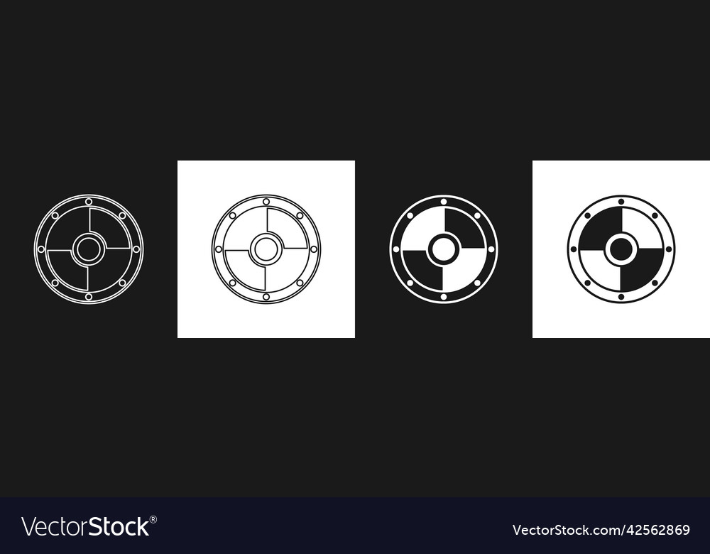 Set round wooden shield icon isolated on black