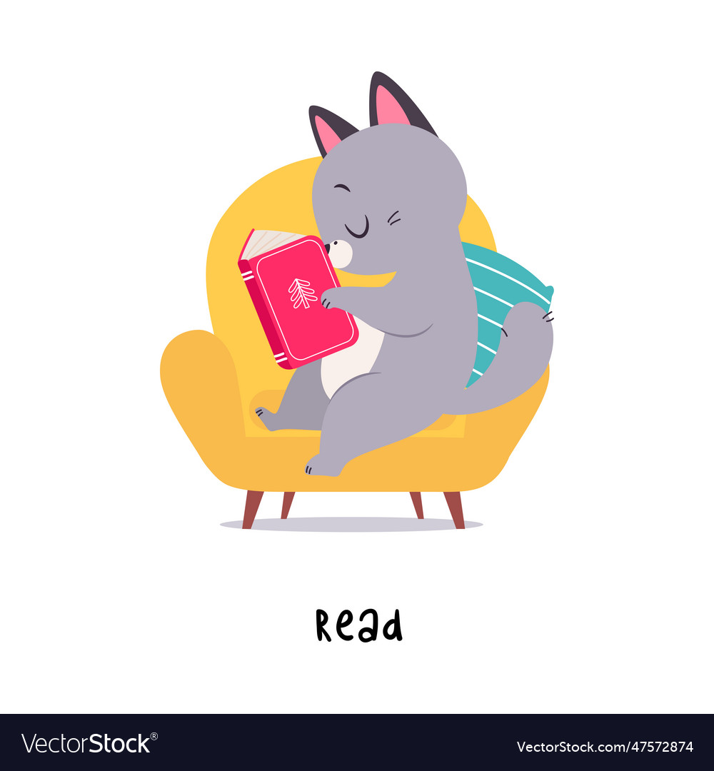 Funny grey cat read book as english verb for Vector Image