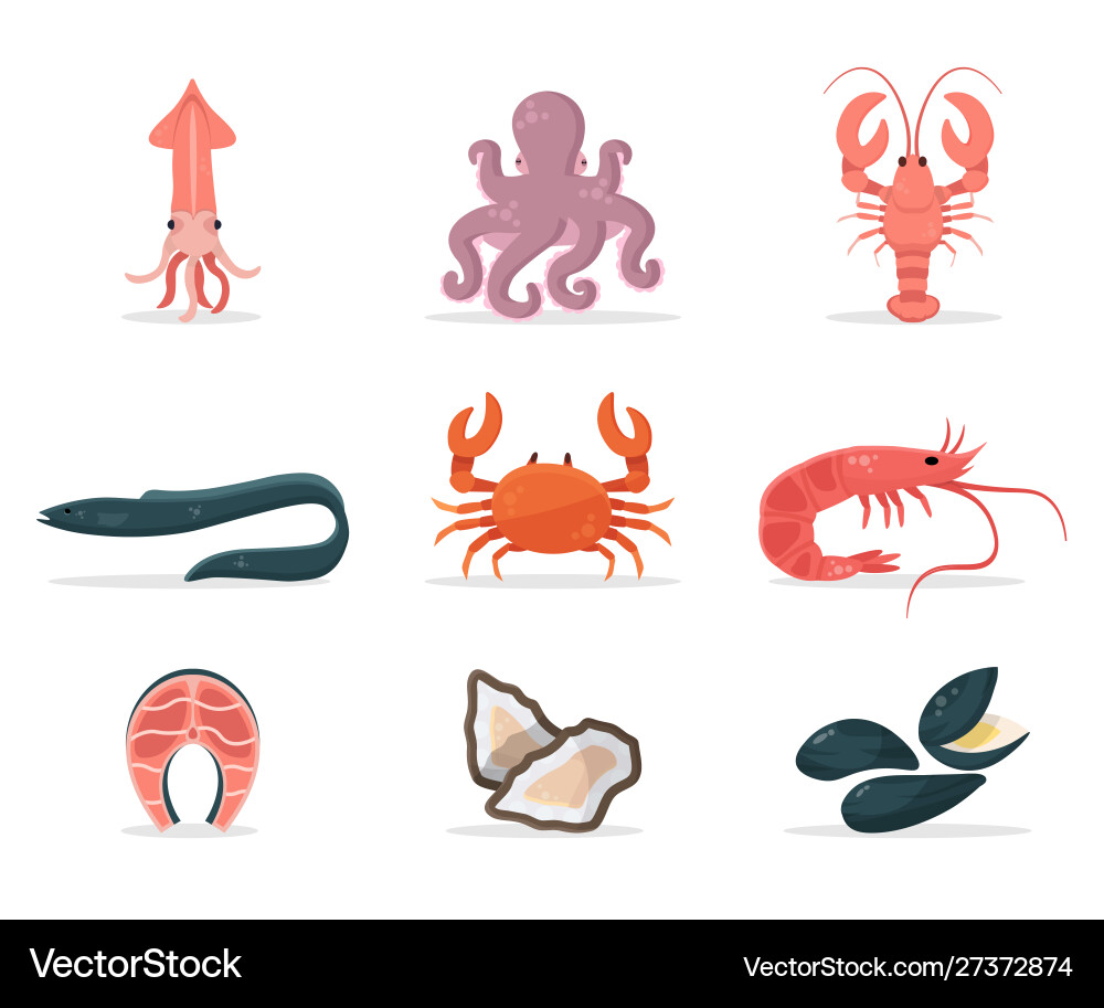 Seafood flat set Royalty Free Vector Image - VectorStock