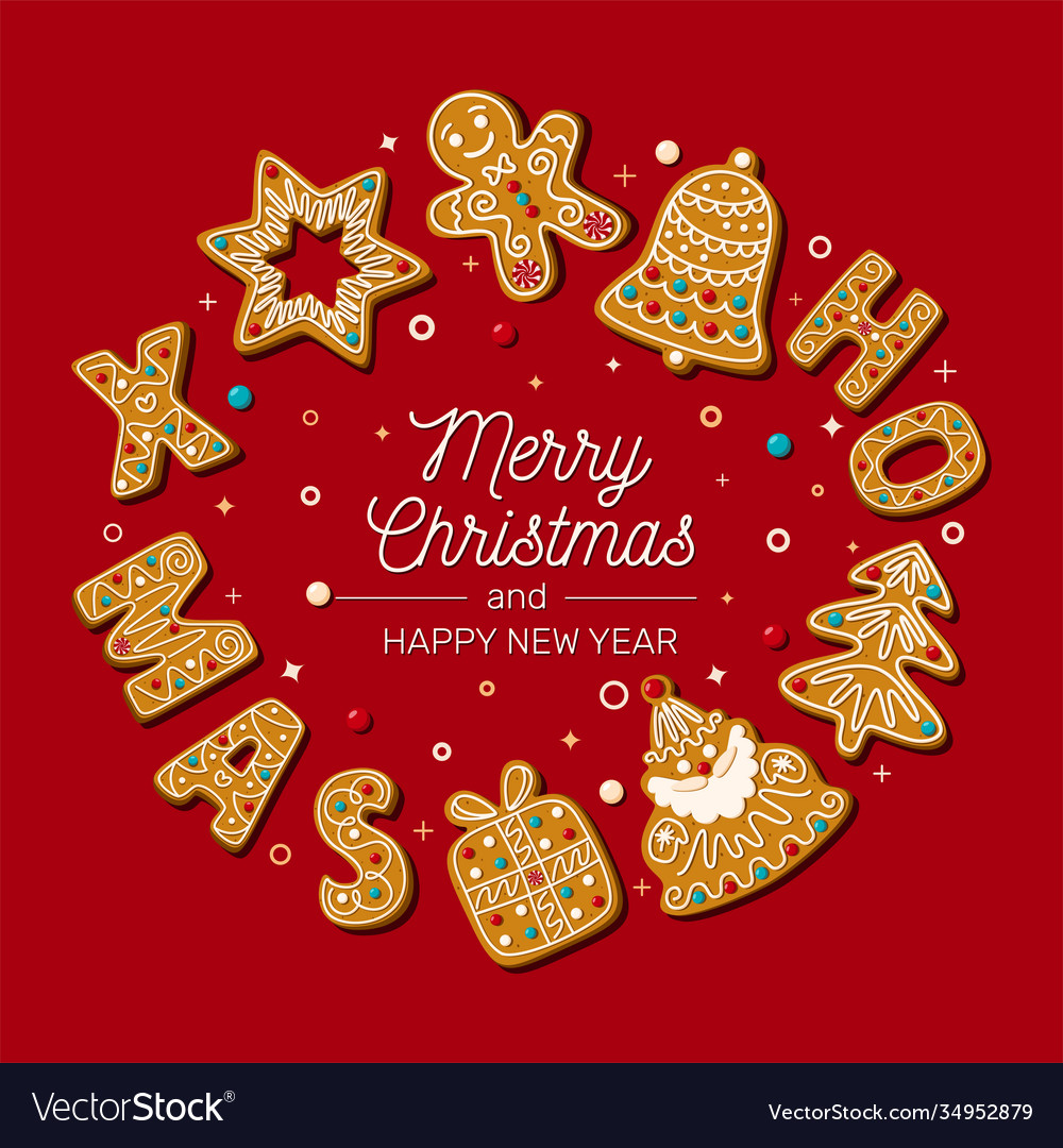 Christmas card with gingerbread on a red