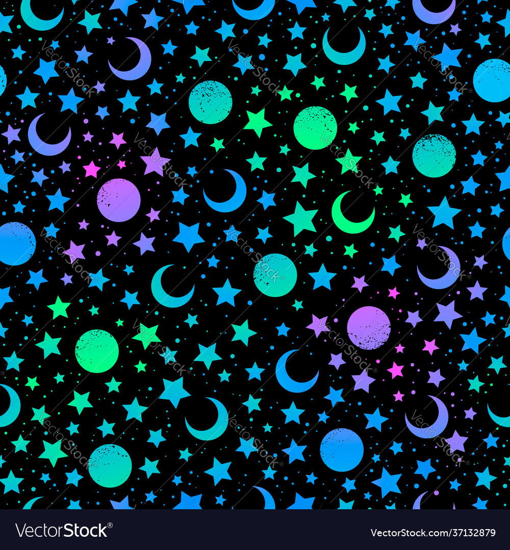 Mystical bright neon pattern with moon and stars vector image Mystical bright neon pattern with moon and stars