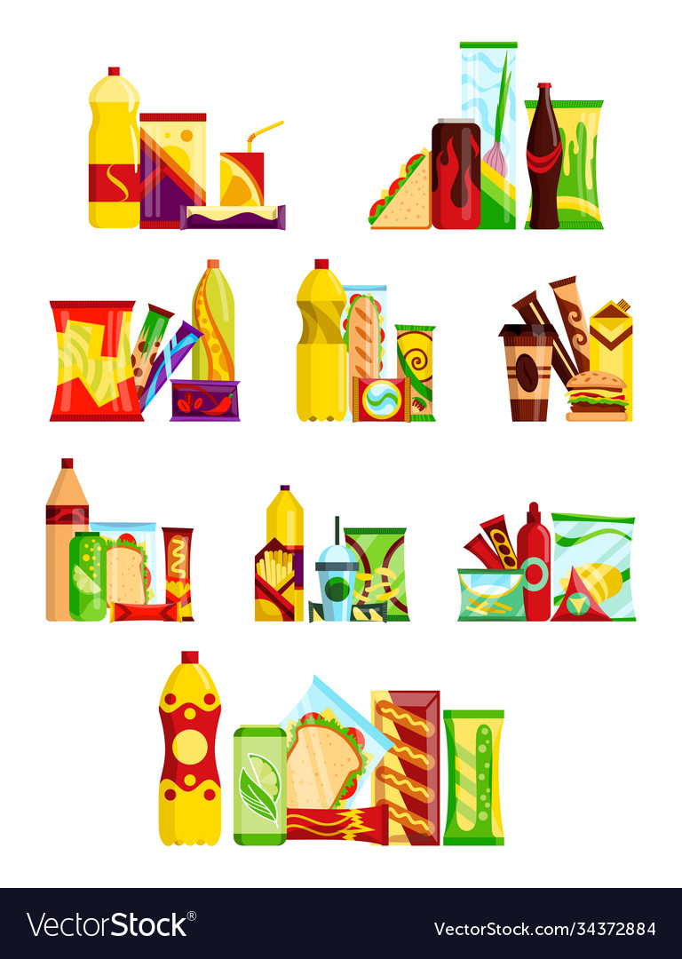 Snack product set fast food snacks drinks chips Vector Image