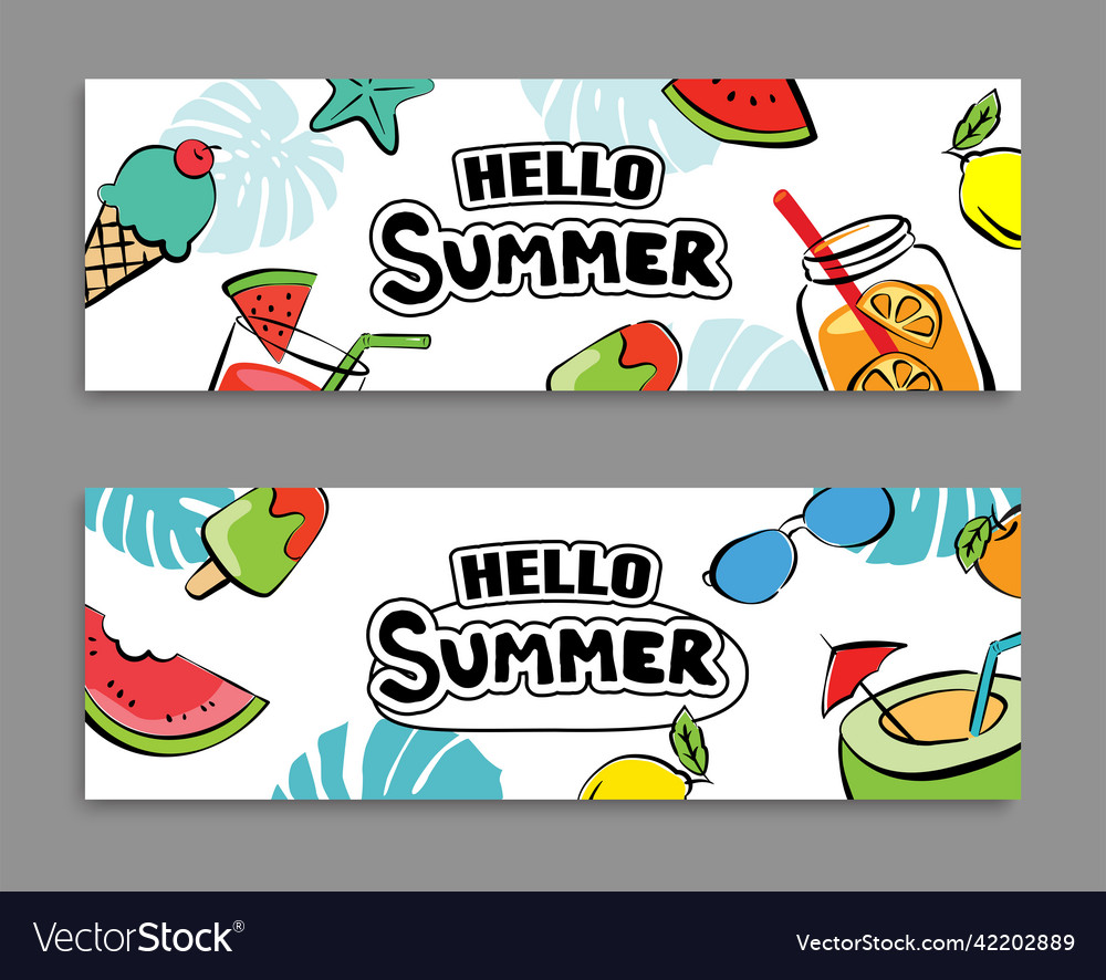 Hello summer banners design hand drawn style vector image Hello summer banners design hand drawn style