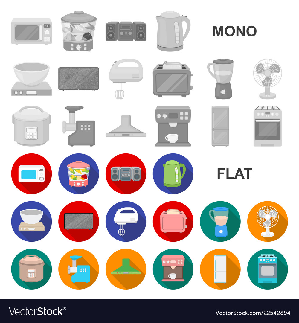 Types of household appliances flat icons in set