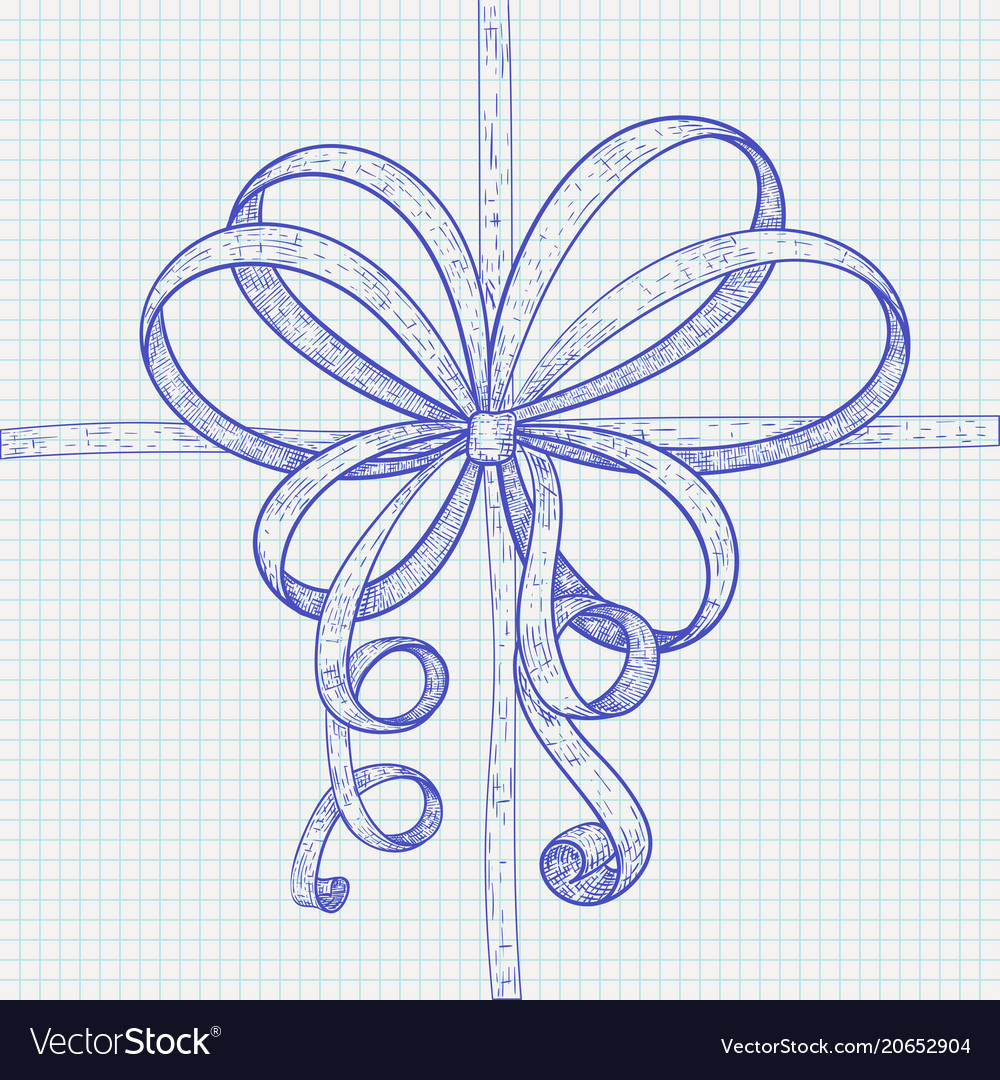 ribbon bow blue hand drawn sketch on lined paper vector image